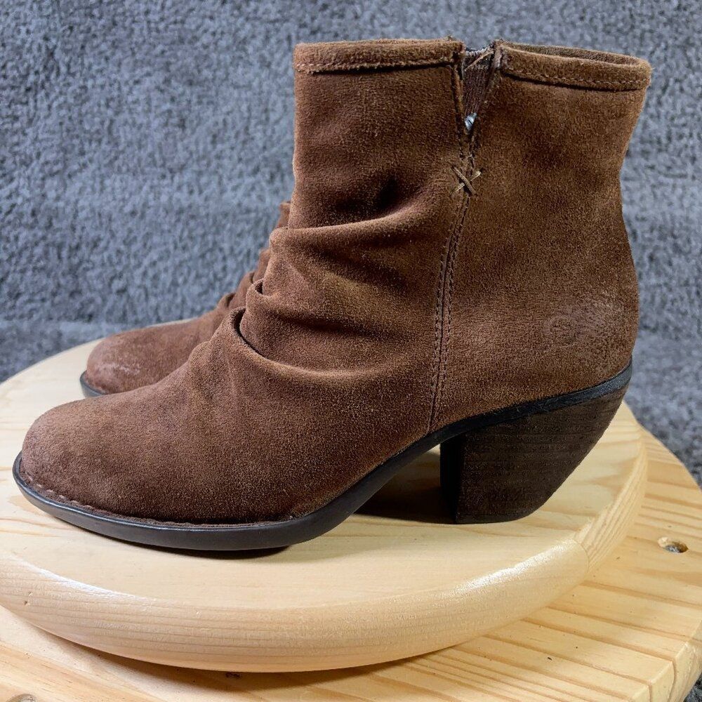 Born Aire Ankle Boots Womens Size 7 Brown Suede Ruched Slouch Block Heel Booties